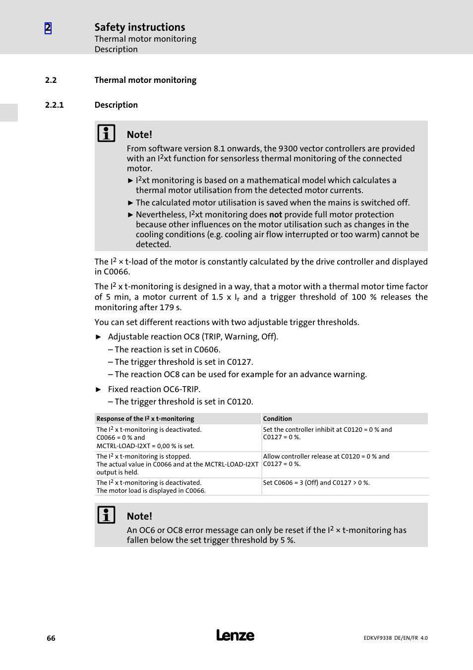 2 thermal motor monitoring, 1 description, Thermal motor monitoring | Description, Safety instructions | Lenze EVF9338 User Manual | Page 66 / 158