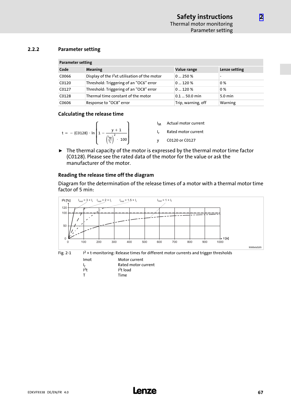 2 parameter setting, Parameter setting, Ȧȡ ȣ | Ȧȣ ȥ, Safety instructions, Thermal motor monitoring parameter setting, Calculating the release time | Lenze EVF9338 User Manual | Page 67 / 158