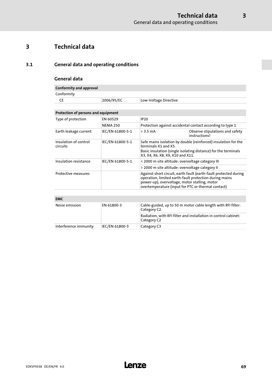 3 technical data, 1 general data and operating conditions, Technical data | General data and operating conditions, 3technical data | Lenze EVF9338 User Manual | Page 69 / 158