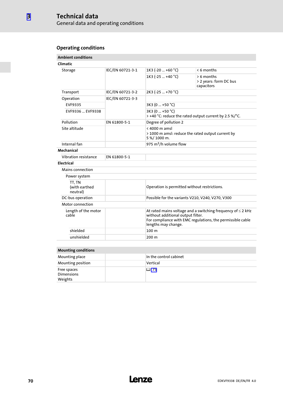 Technical data | Lenze EVF9338 User Manual | Page 70 / 158