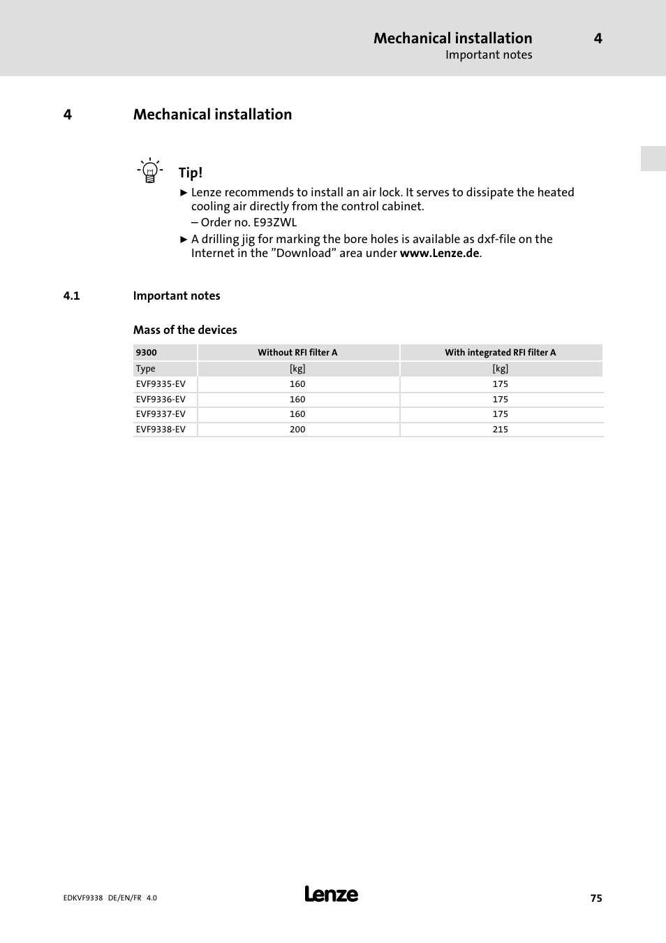 4 mechanical installation, 1 important notes, Mechanical installation | Important notes, 4mechanical installation | Lenze EVF9338 User Manual | Page 75 / 158