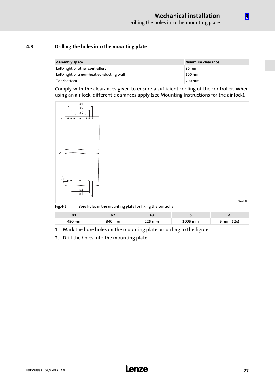 3 drilling the holes into the mounting plate, Drilling the holes into the mounting plate, Mechanical installation | Lenze EVF9338 User Manual | Page 77 / 158