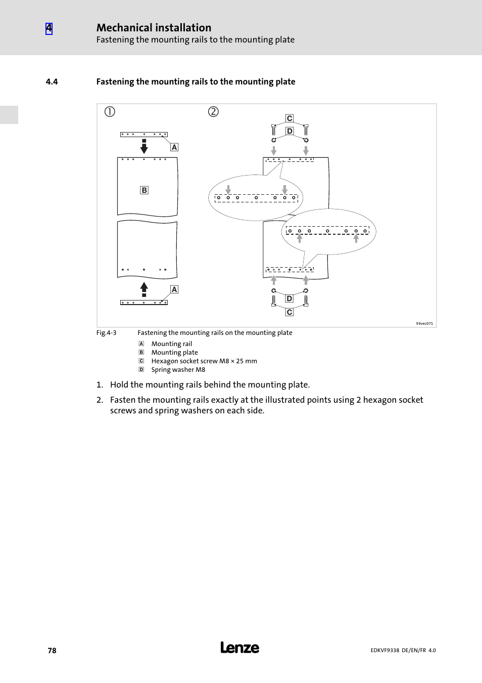 Fastening the mounting rails to the mounting plate | Lenze EVF9338 User Manual | Page 78 / 158