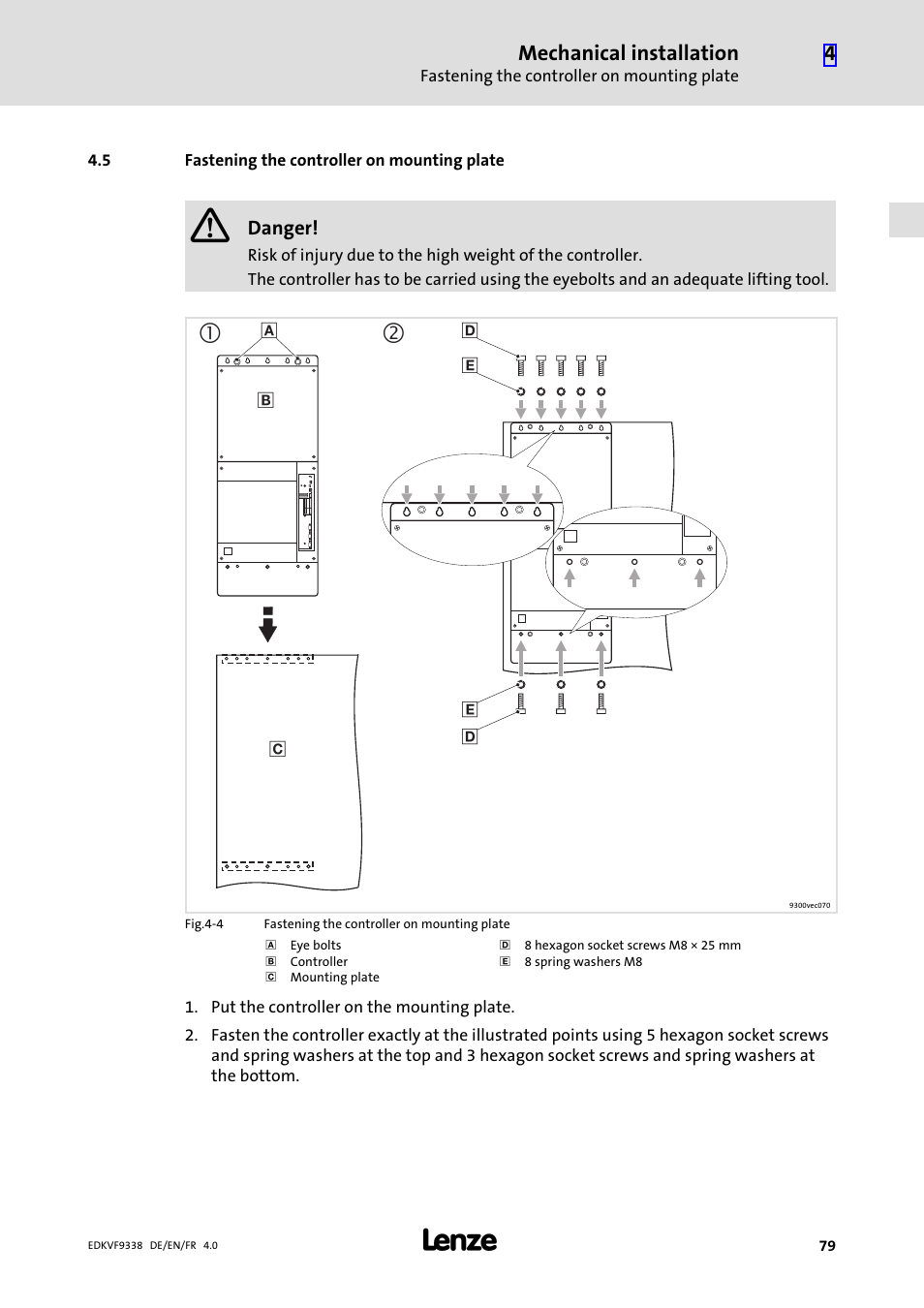 5 fastening the controller on mounting plate, Fastening the controller on mounting plate | Lenze EVF9338 User Manual | Page 79 / 158