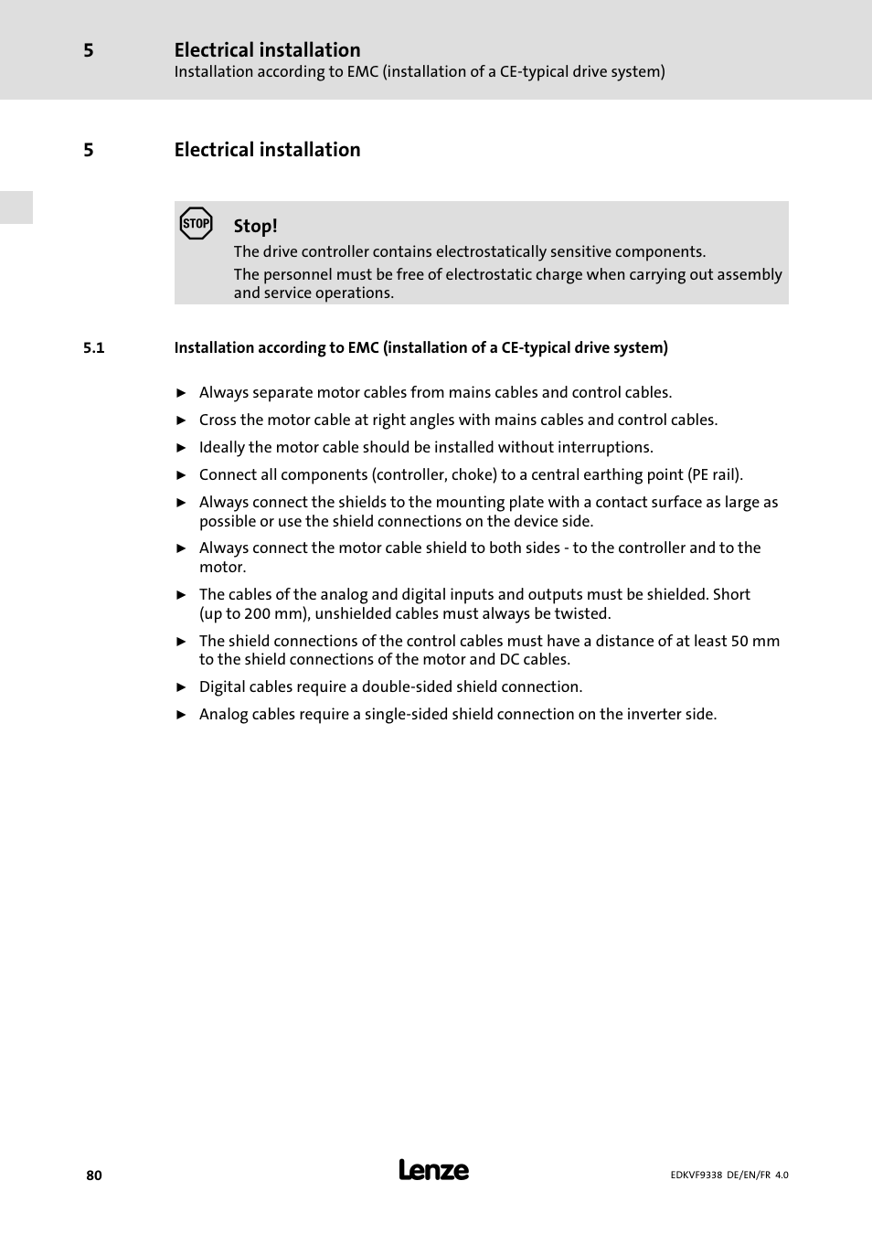 5 electrical installation, Electrical installation, 5electrical installation | Lenze EVF9338 User Manual | Page 80 / 158