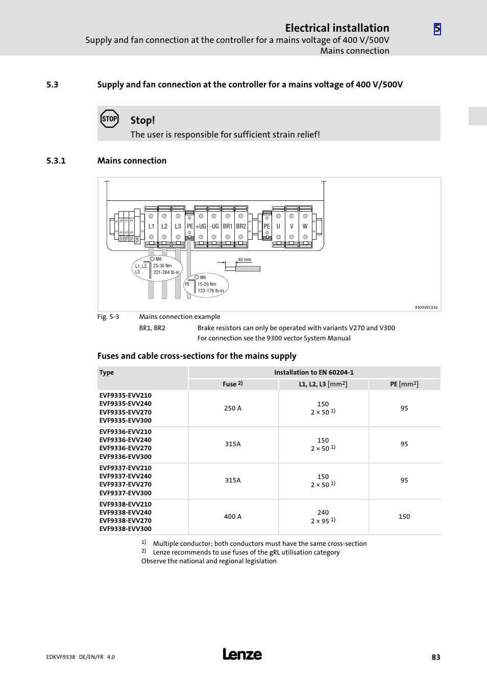 1 mains connection, Mains connection, Electrical installation | Stop | Lenze EVF9338 User Manual | Page 83 / 158