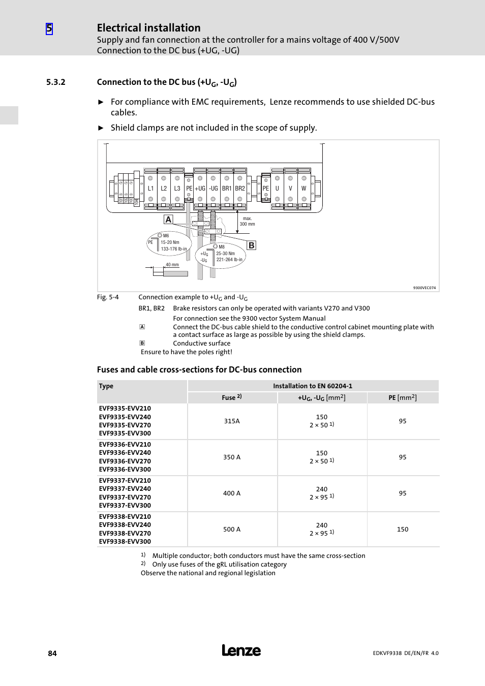 2 connection to the dc bus (+ug, -ug), Connection to the dc bus (+ug, −ug), Electrical installation | 2 connection to the dc bus (+u | Lenze EVF9338 User Manual | Page 84 / 158