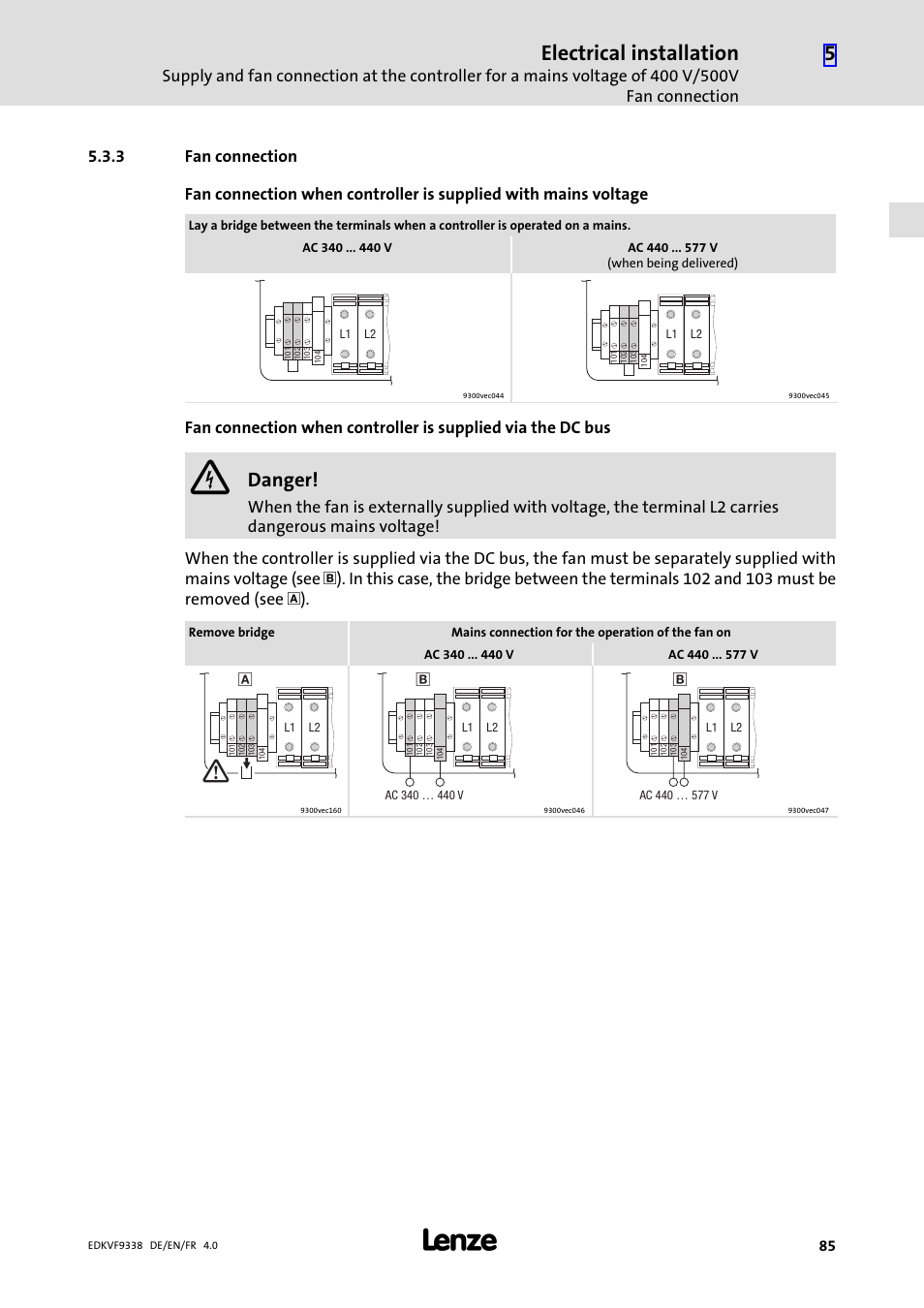 3 fan connection, Fan connection, Electrical installation | Danger | Lenze EVF9338 User Manual | Page 85 / 158