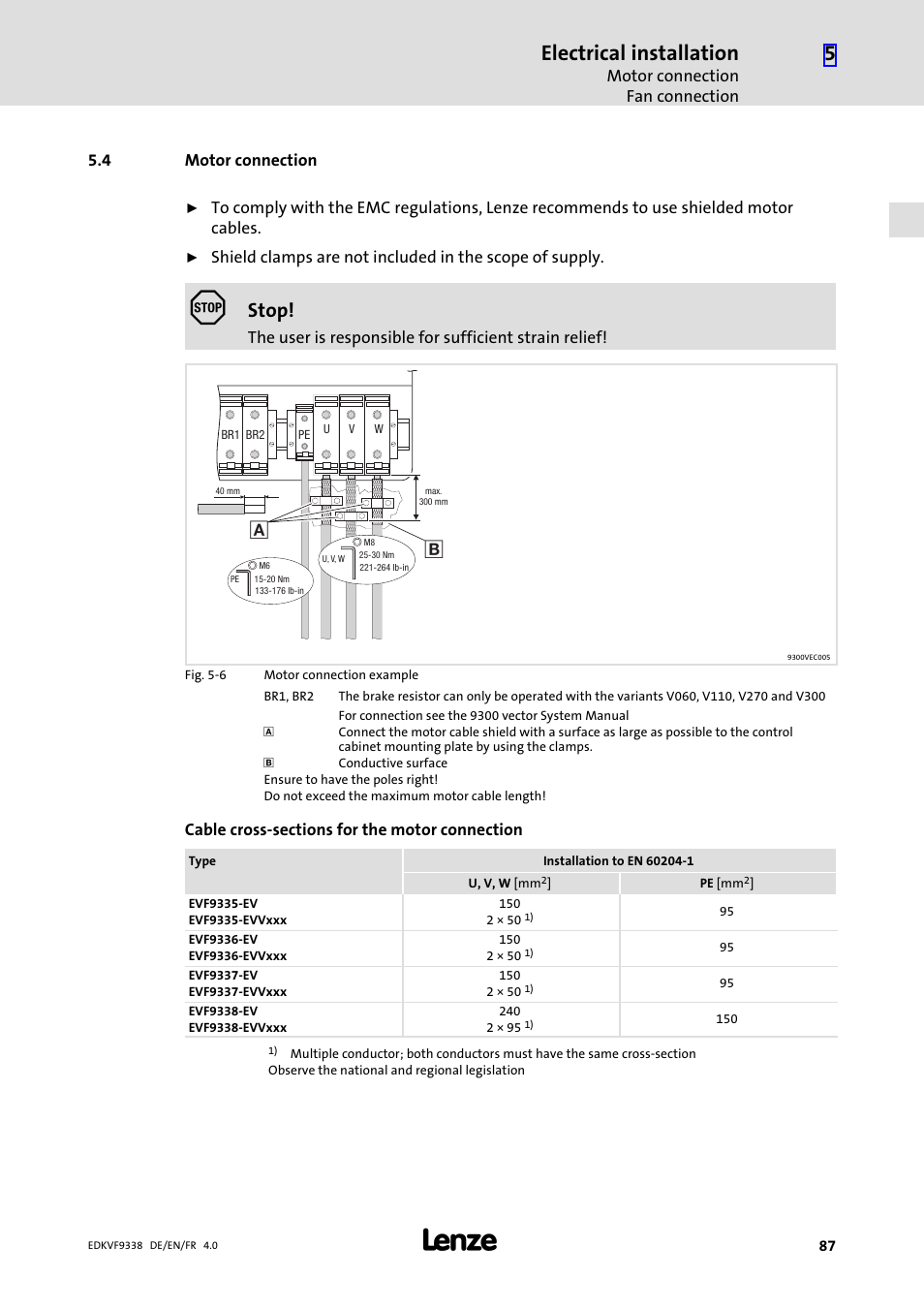 4 motor connection, Motor connection, Electrical installation | Stop | Lenze EVF9338 User Manual | Page 87 / 158