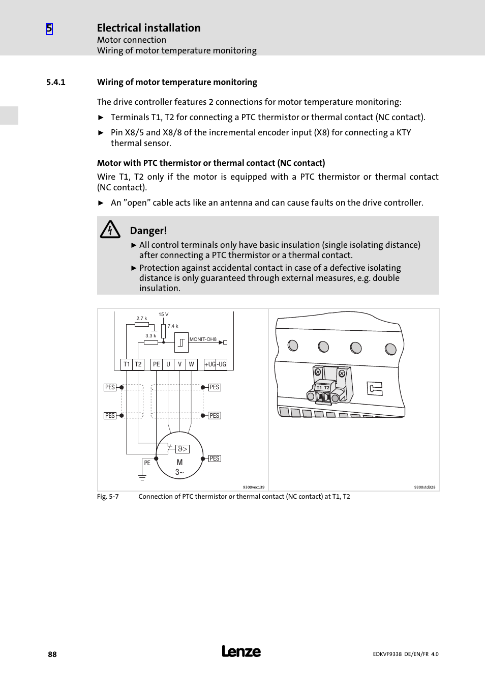 1 wiring of motor temperature monitoring, Wiring of motor temperature monitoring, Electrical installation | Danger | Lenze EVF9338 User Manual | Page 88 / 158