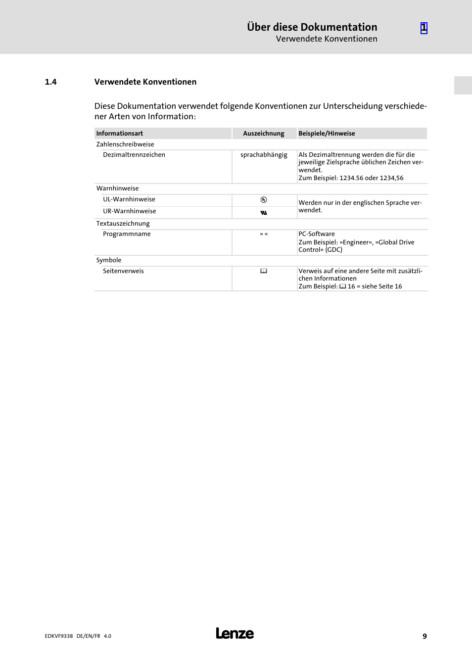 4 verwendete konventionen, Verwendete konventionen, Über diese dokumentation | Lenze EVF9338 User Manual | Page 9 / 158