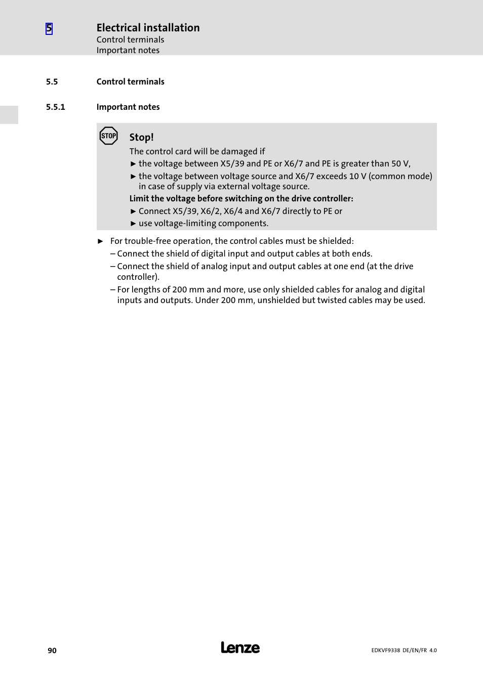 5 control terminals, 1 important notes, Control terminals | Important notes | Lenze EVF9338 User Manual | Page 90 / 158