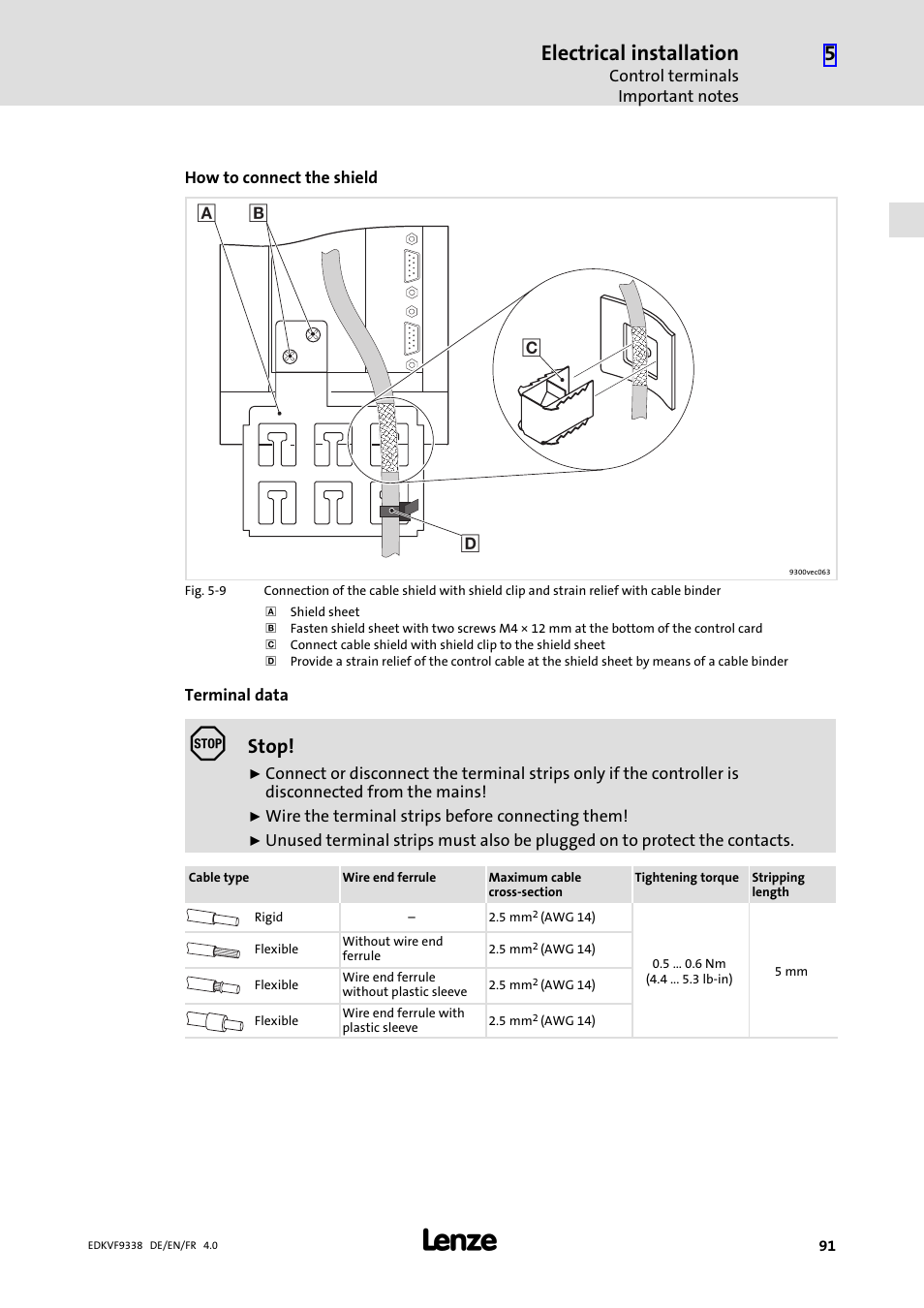 Electrical installation, Stop | Lenze EVF9338 User Manual | Page 91 / 158