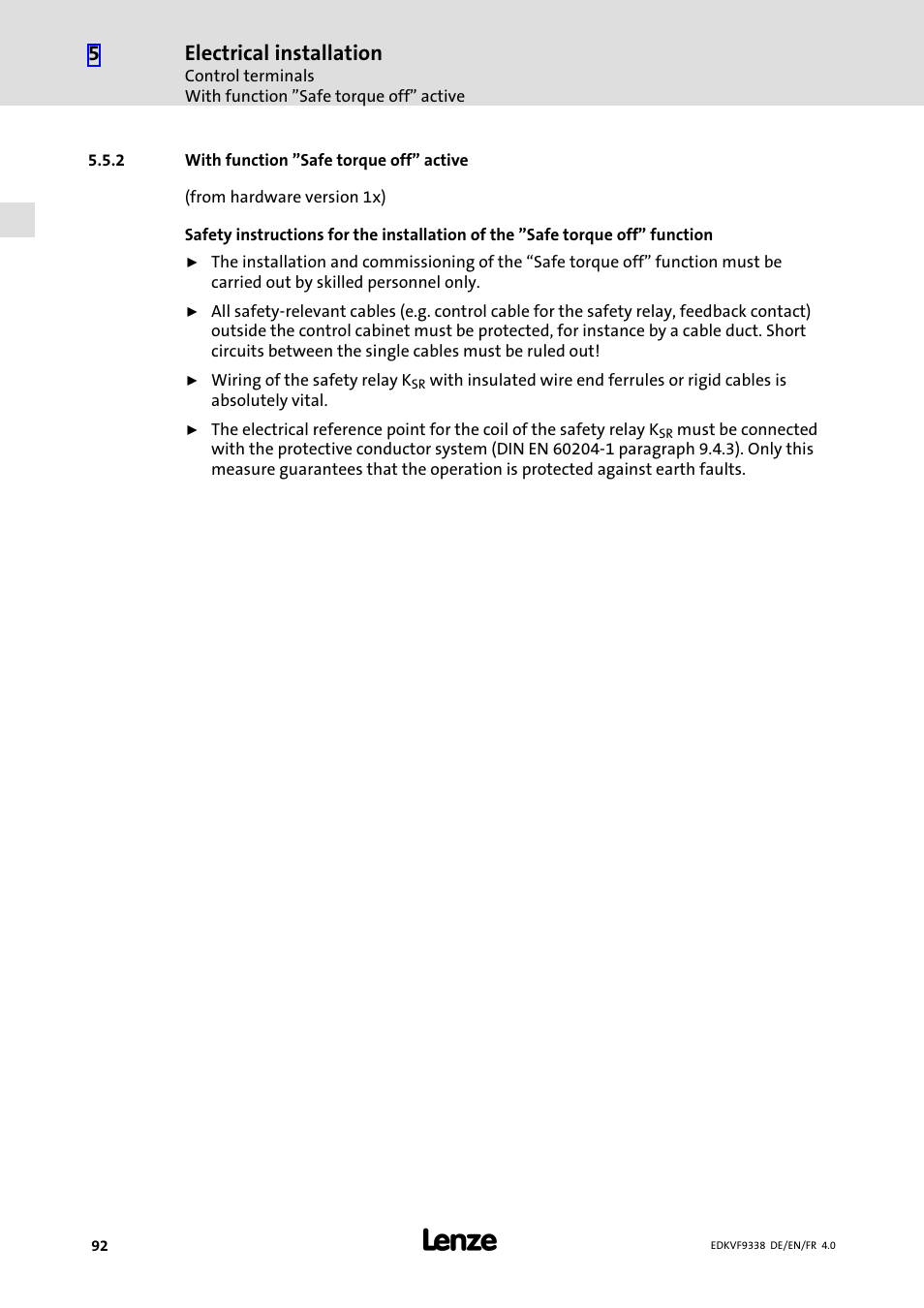 2 with function "safe torque off" active, With function "safe torque off" active, Electrical installation | Lenze EVF9338 User Manual | Page 92 / 158
