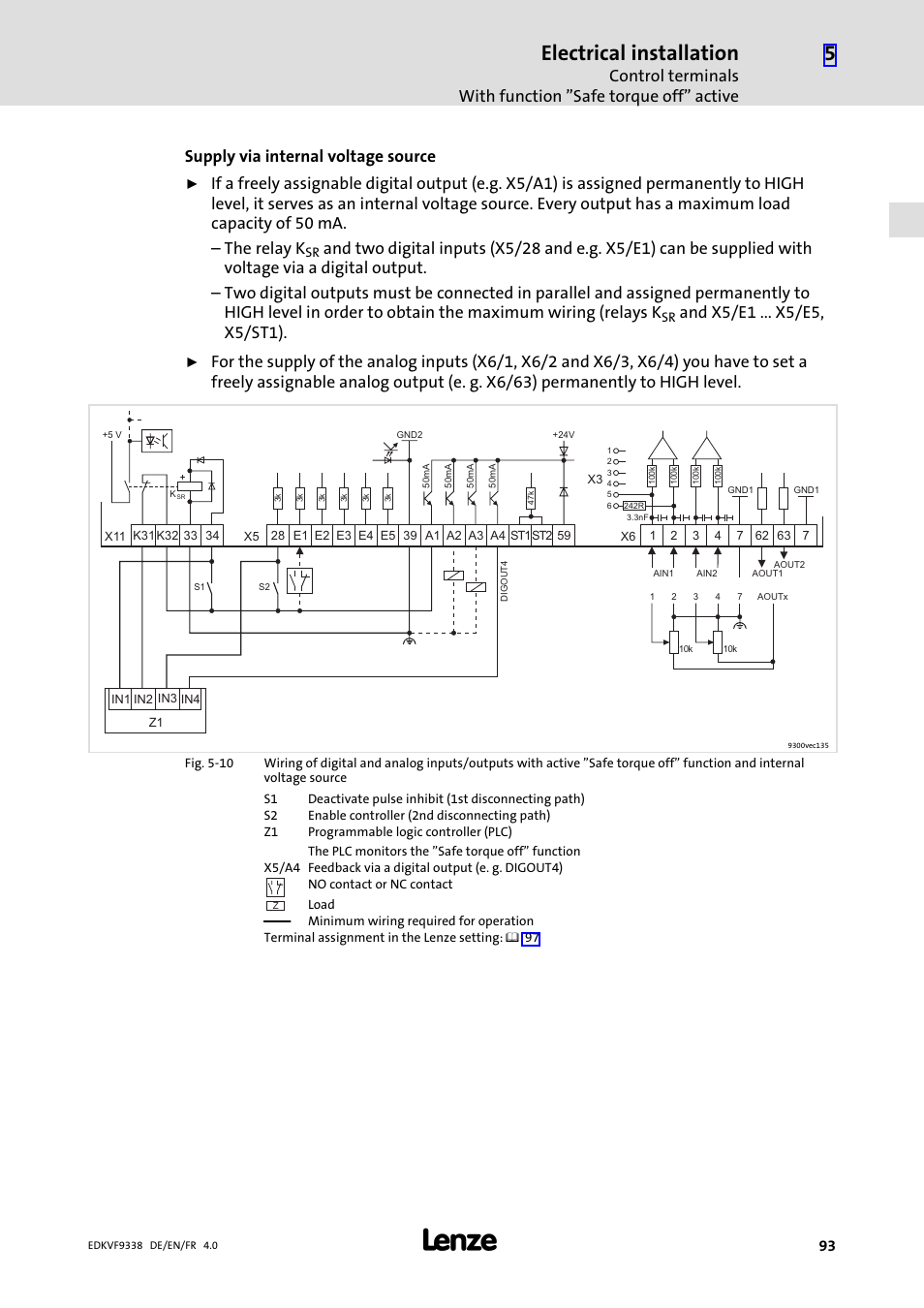 Electrical installation, Supply via internal voltage source | Lenze EVF9338 User Manual | Page 93 / 158