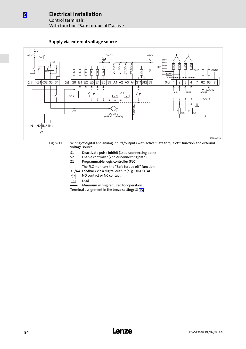 Electrical installation, Supply via external voltage source | Lenze EVF9338 User Manual | Page 94 / 158