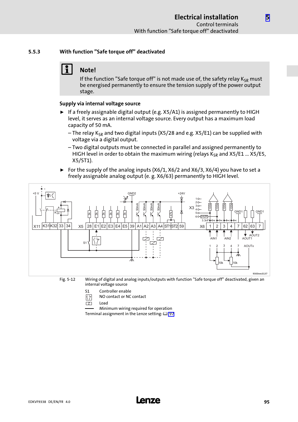 3 with function "safe torque off" deactivated, With function "safe torque off" deactivated, Electrical installation | Lenze EVF9338 User Manual | Page 95 / 158