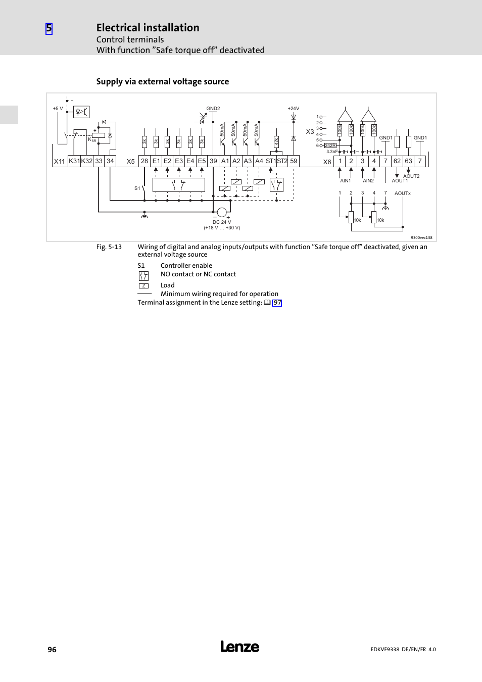 Electrical installation, Supply via external voltage source | Lenze EVF9338 User Manual | Page 96 / 158
