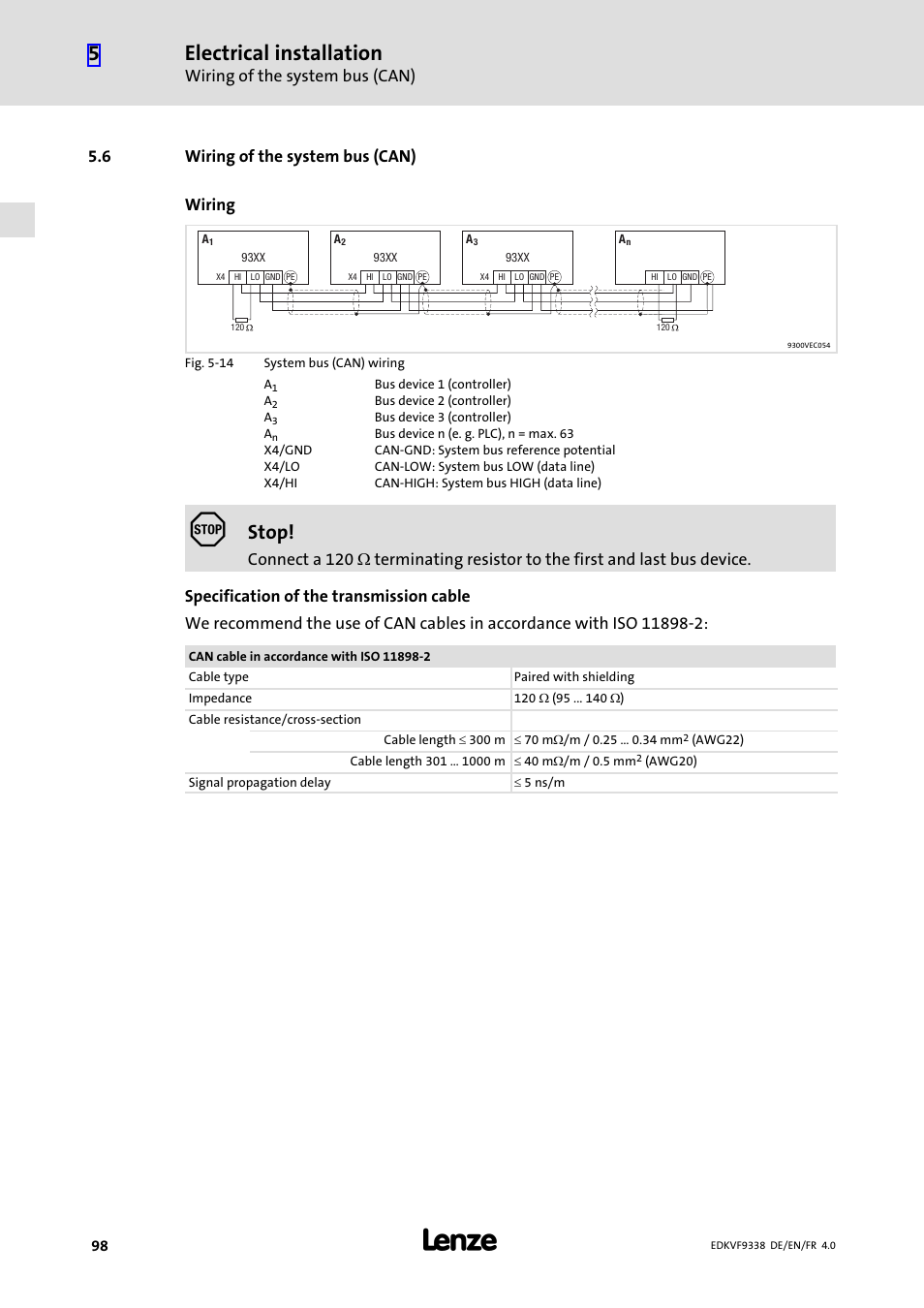 6 wiring of the system bus (can), Wiring of the system bus (can), Electrical installation | Stop, 6 wiring of the system bus (can) wiring | Lenze EVF9338 User Manual | Page 98 / 158