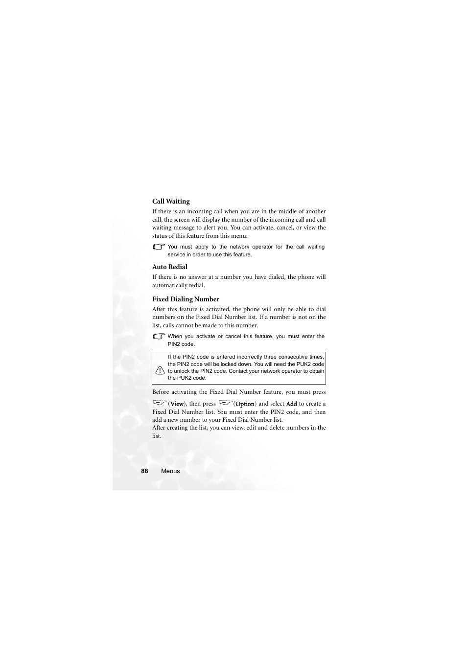 Call waiting, Auto redial, Fixed dialing number | BenQ M315 User Manual | Page 100 / 110