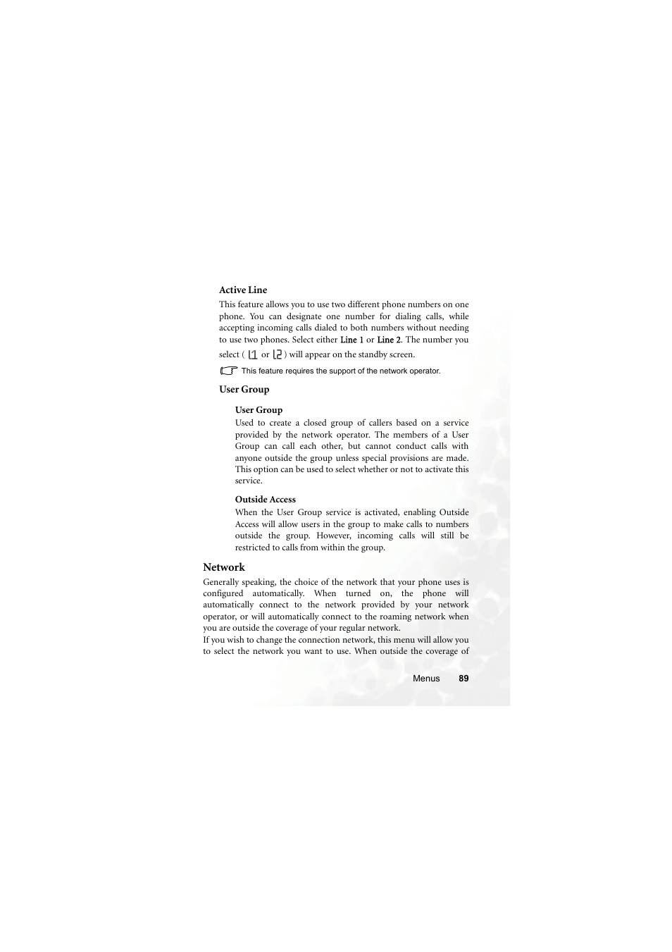 Active line, User group, Network | BenQ M315 User Manual | Page 101 / 110