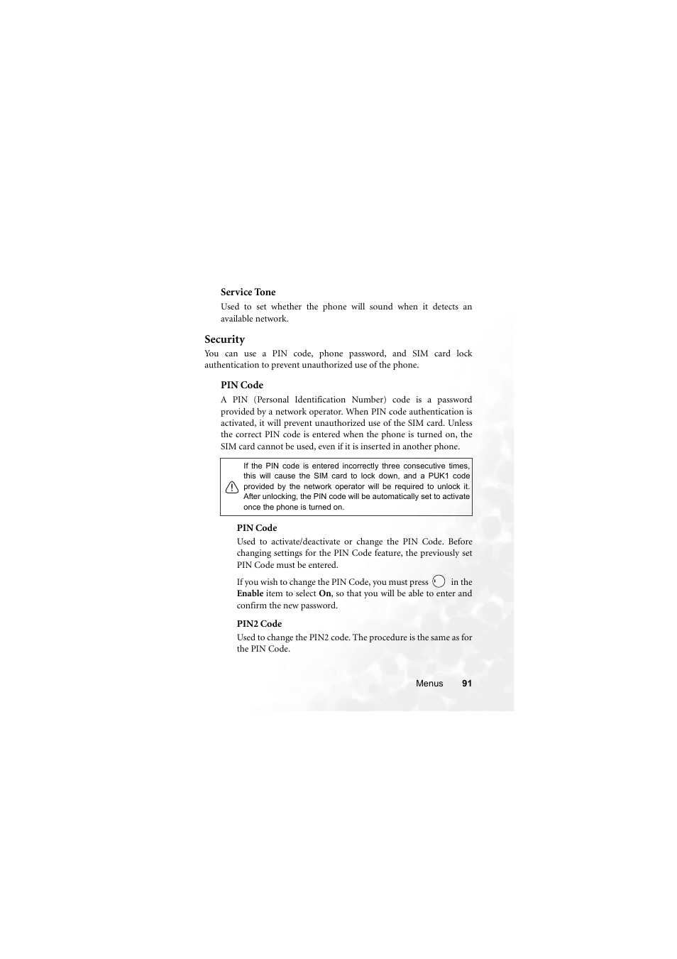 Service tone, Security, Pin code | BenQ M315 User Manual | Page 103 / 110