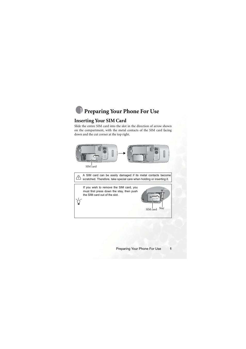 Preparing your phone for use, Inserting your sim card | BenQ M315 User Manual | Page 13 / 110