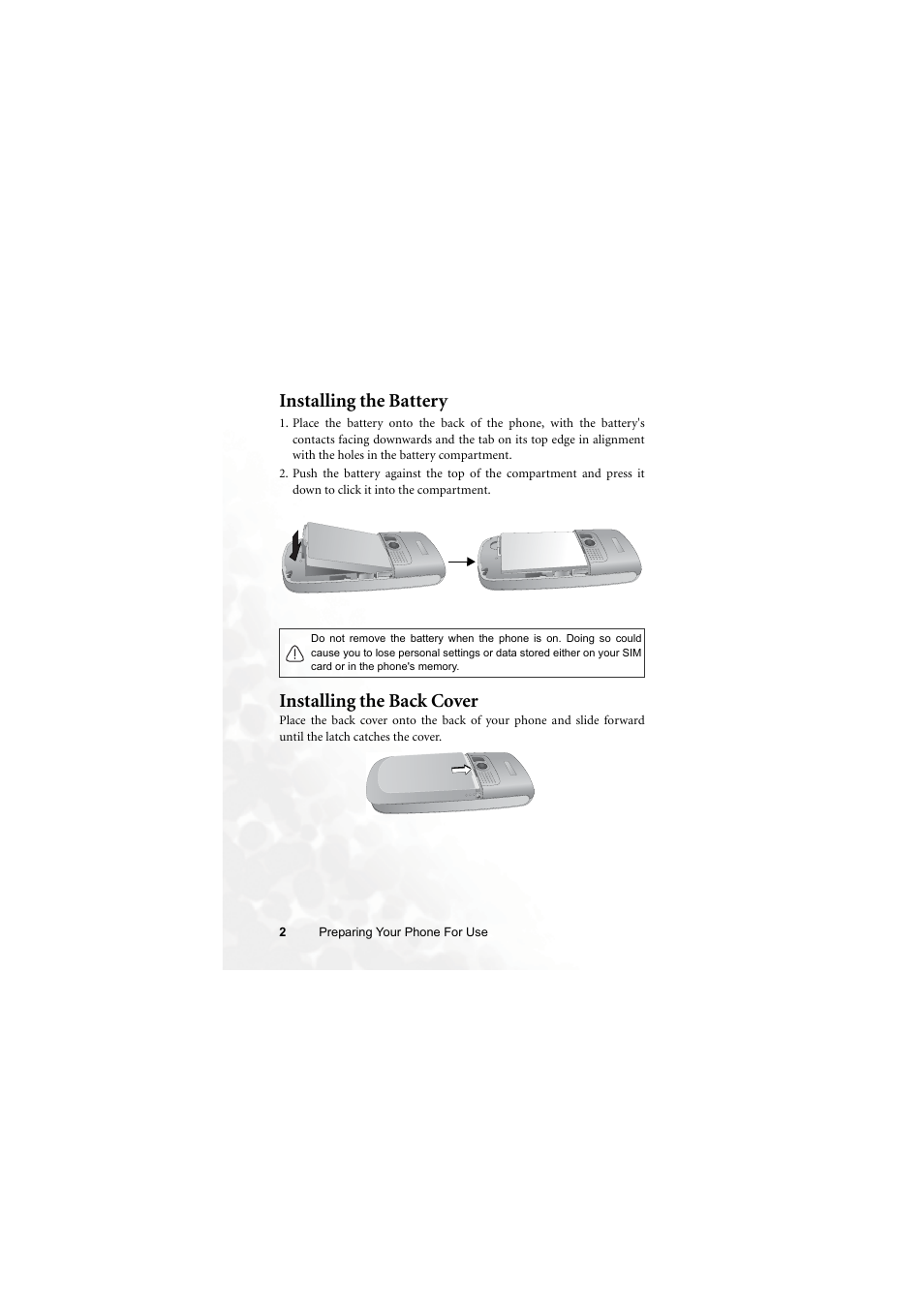 Installing the battery, Installing the back cover, Installing the battery installing the back cover | BenQ M315 User Manual | Page 14 / 110