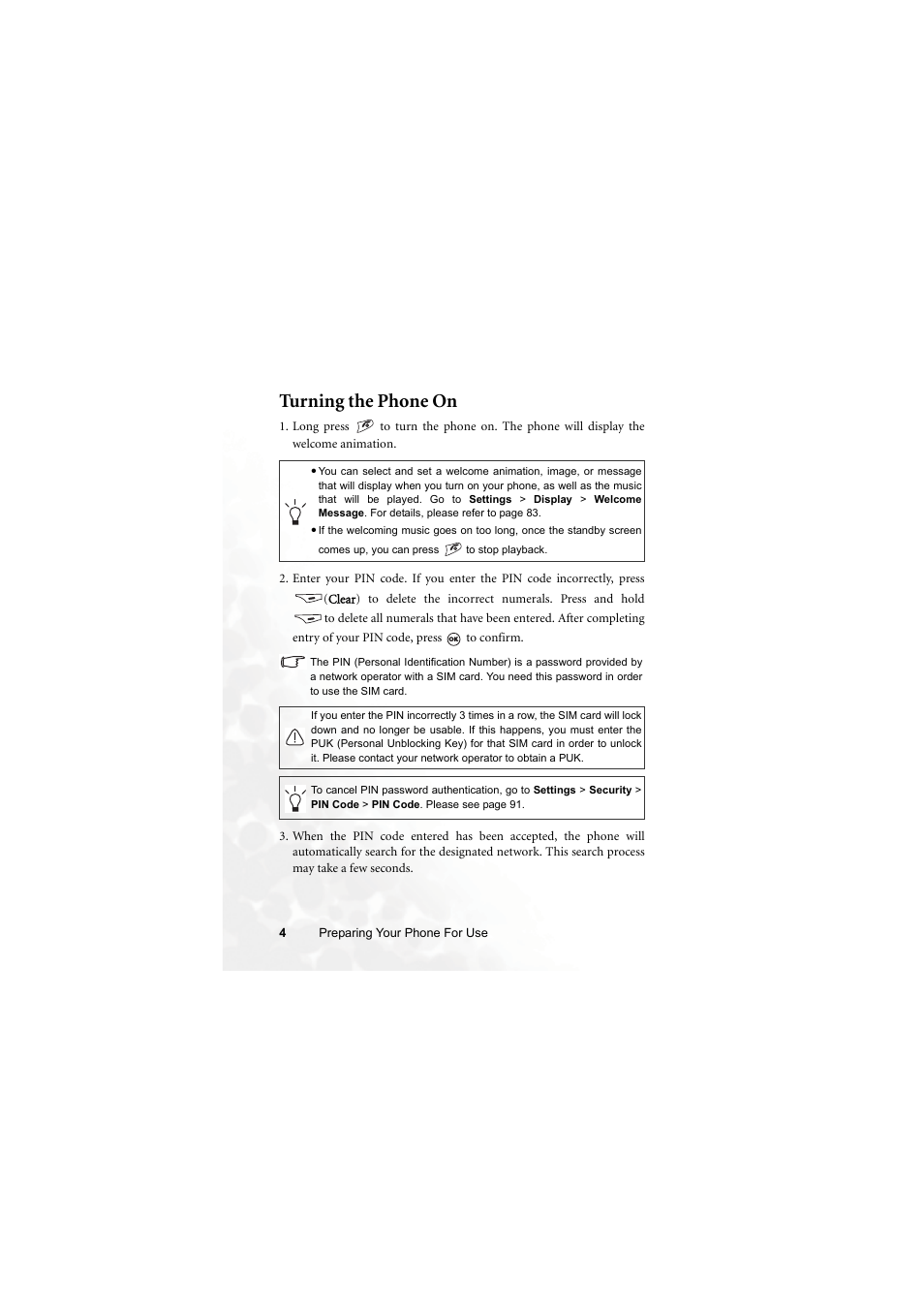 Turning the phone on | BenQ M315 User Manual | Page 16 / 110