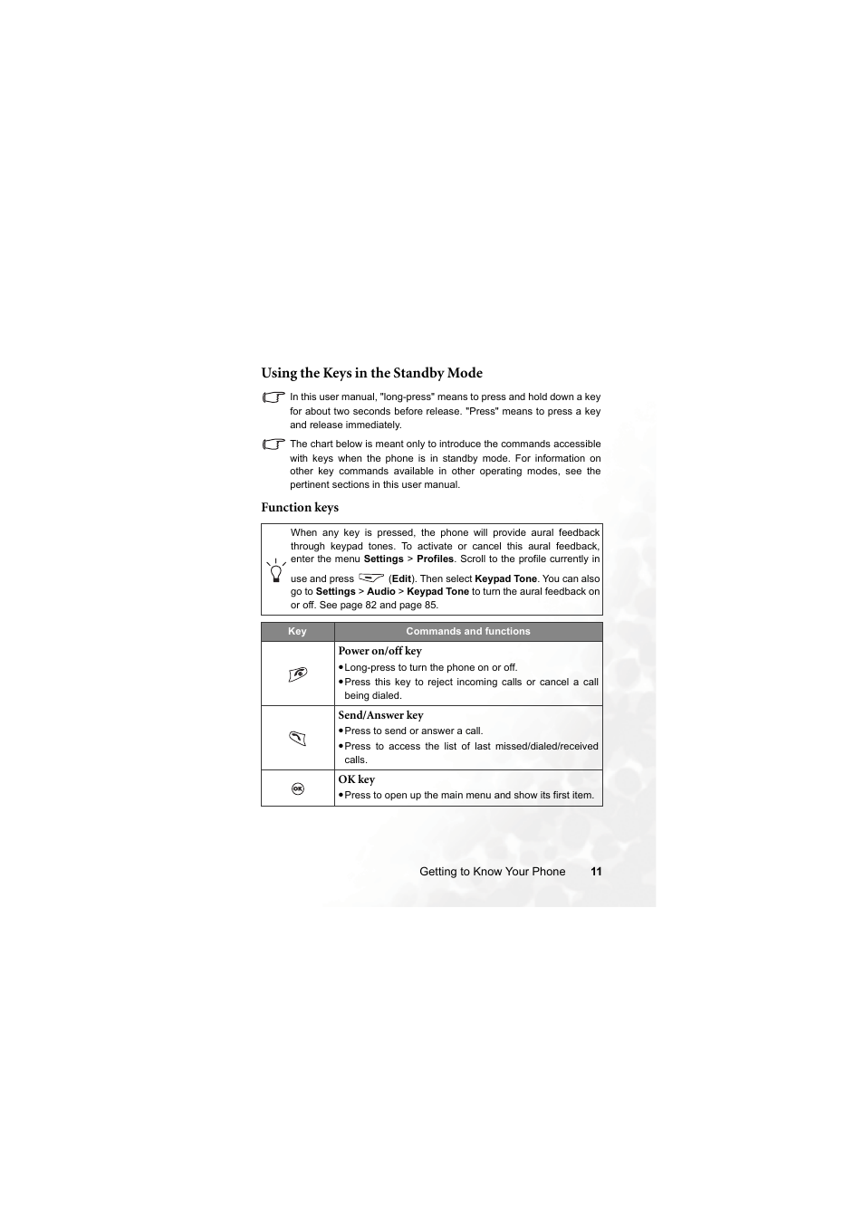 Using the keys in the standby mode | BenQ M315 User Manual | Page 23 / 110