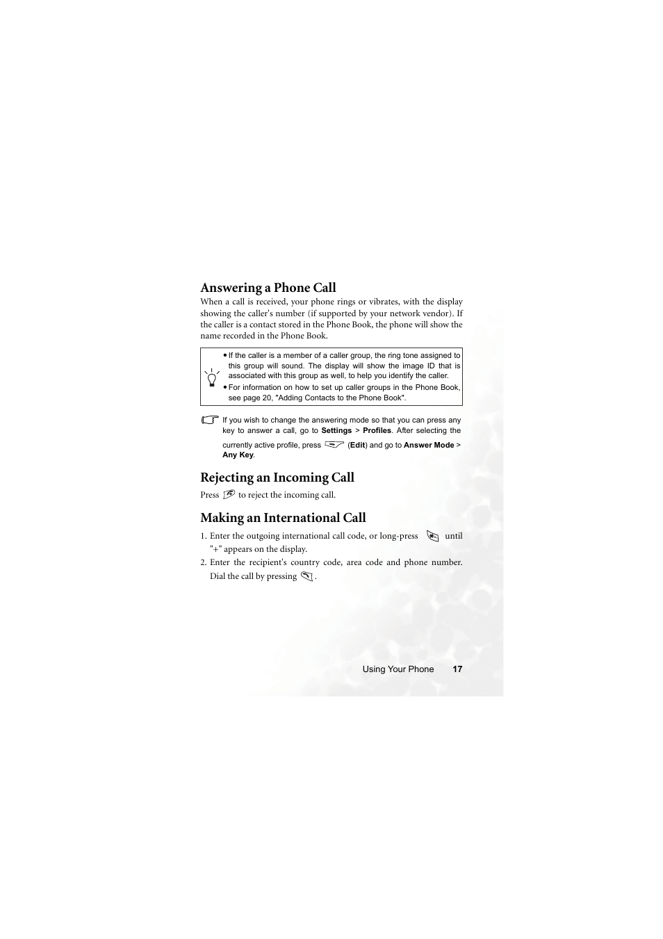 Answering a phone call, Rejecting an incoming call, Making an international call | BenQ M315 User Manual | Page 29 / 110
