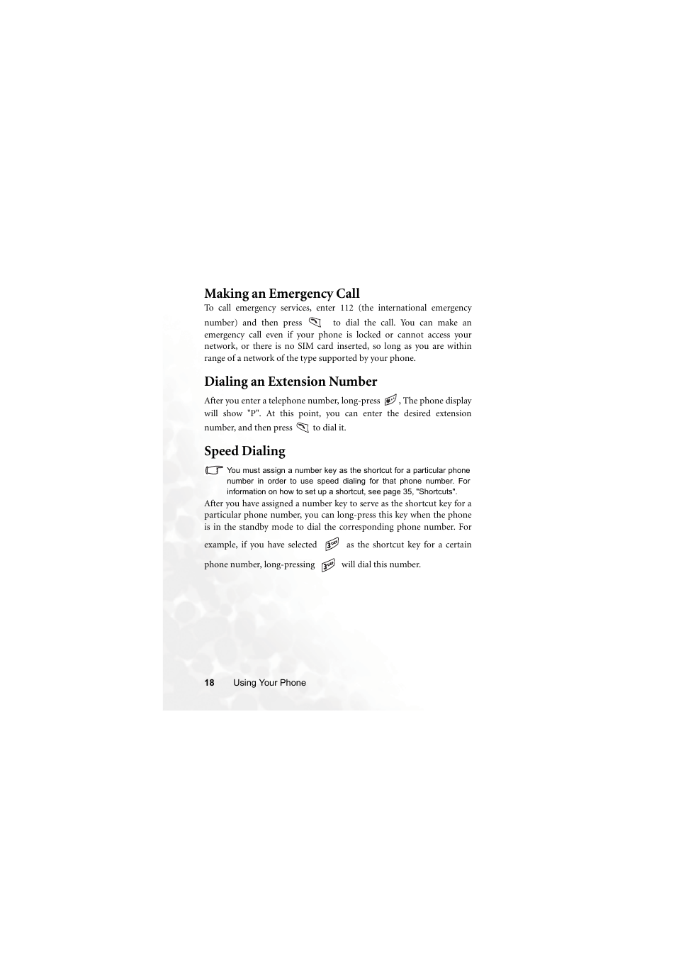 Making an emergency call, Dialing an extension number, Speed dialing | BenQ M315 User Manual | Page 30 / 110