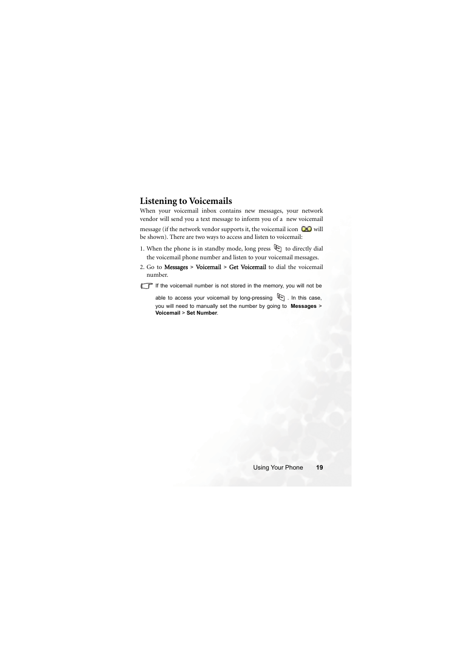 Listening to voicemails | BenQ M315 User Manual | Page 31 / 110