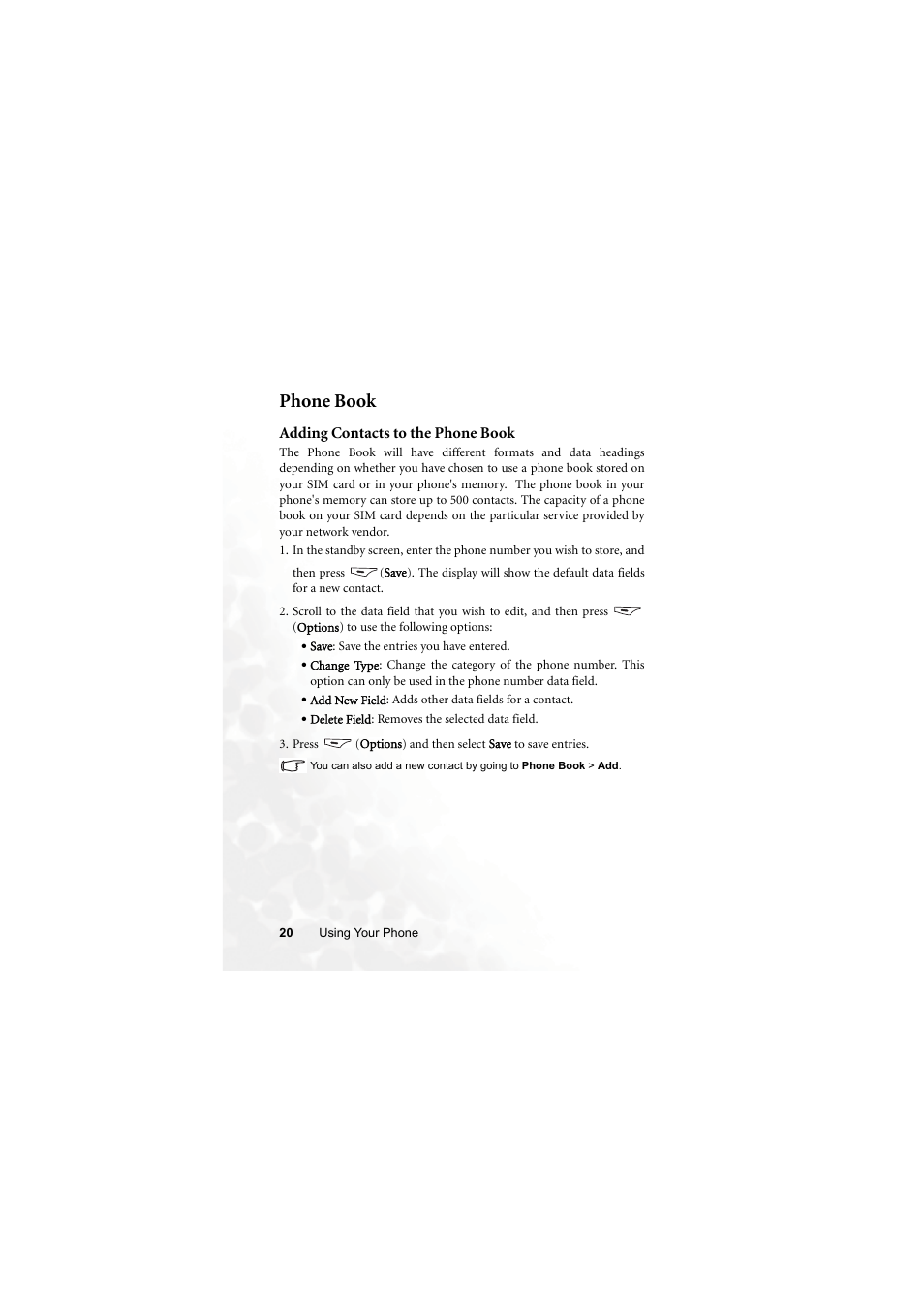 Phone book, Adding contacts to the phone book | BenQ M315 User Manual | Page 32 / 110