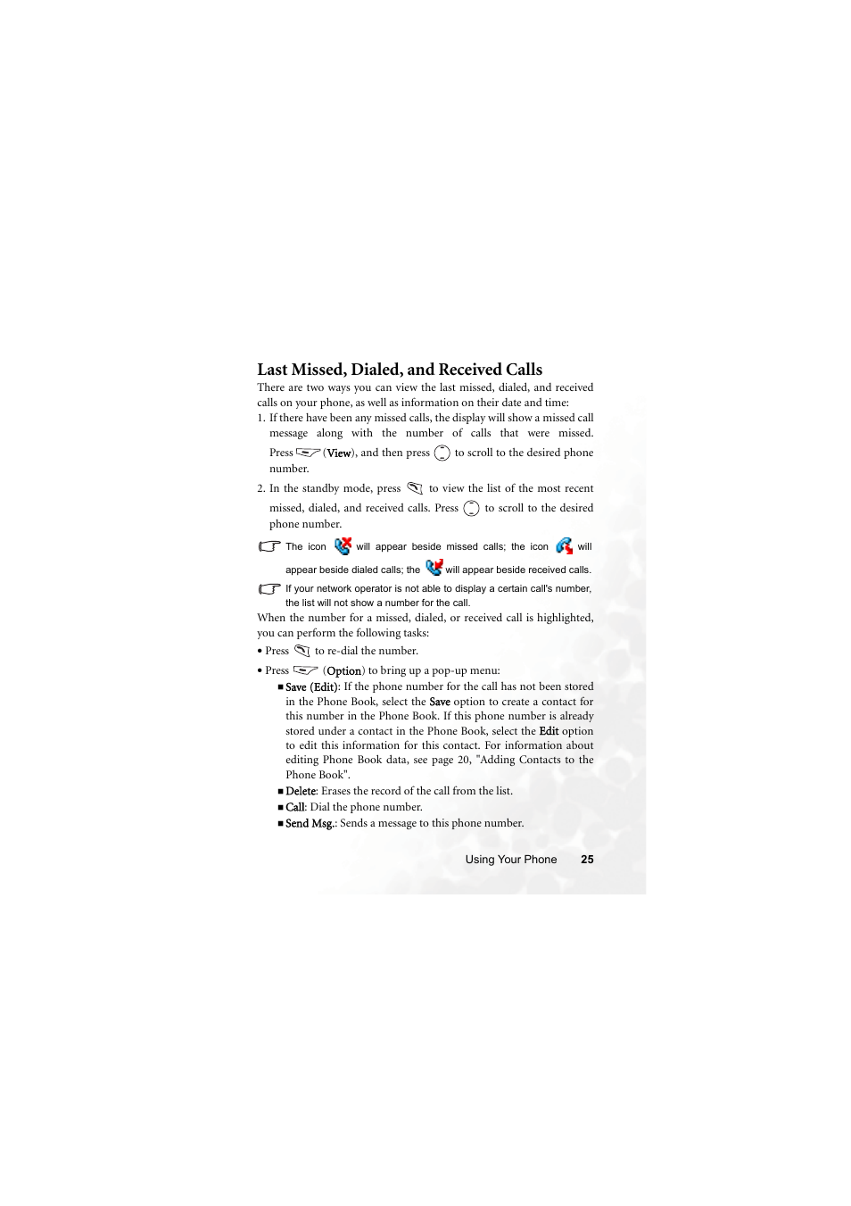 Last missed, dialed, and received calls | BenQ M315 User Manual | Page 37 / 110