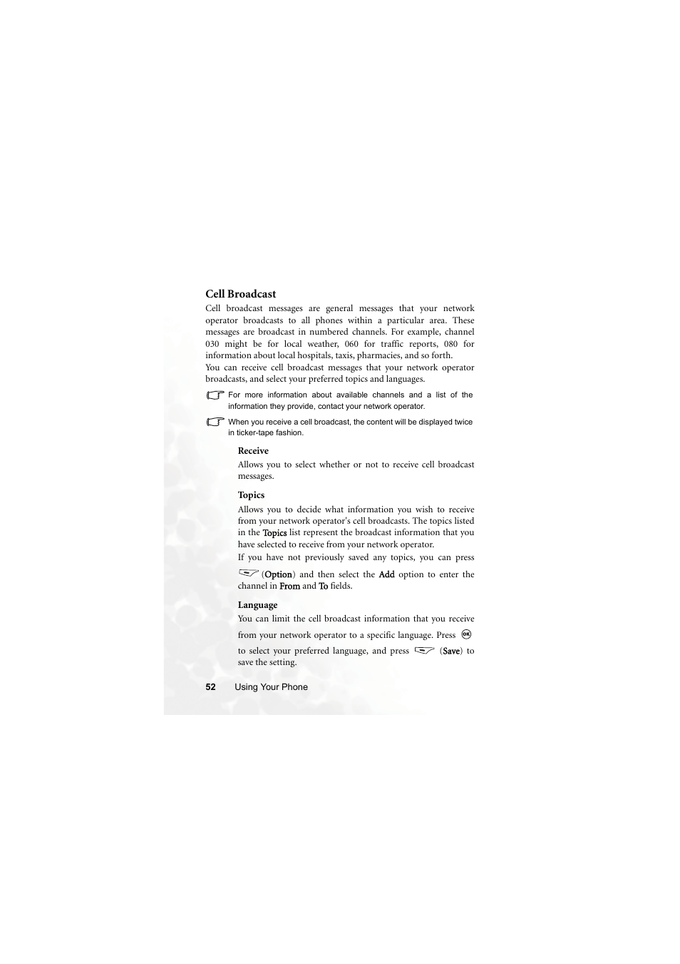 Cell broadcast | BenQ M315 User Manual | Page 64 / 110