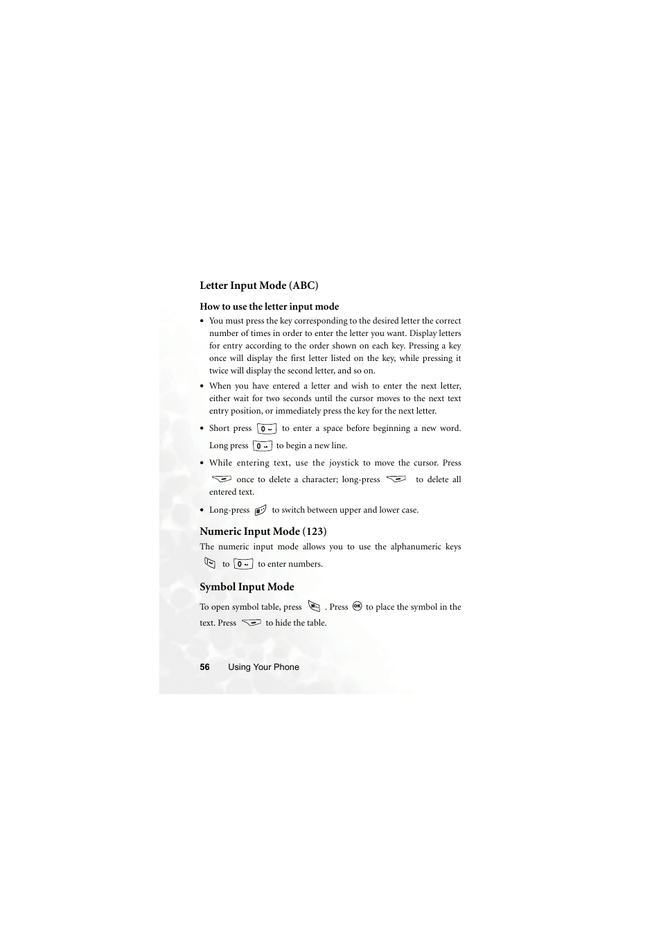 Letter input mode (abc), Numeric input mode (123), Symbol input mode | BenQ M315 User Manual | Page 68 / 110