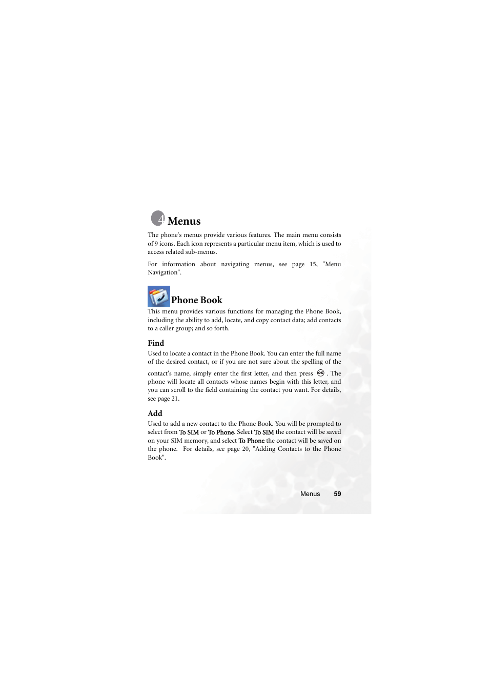 Menus, Phone book, Find | Find add | BenQ M315 User Manual | Page 71 / 110