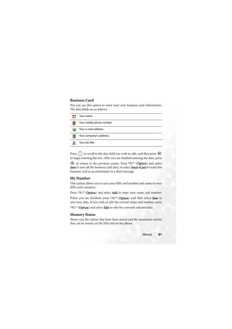 Business card, My number, Memory status | Business card my number memory status | BenQ M315 User Manual | Page 73 / 110