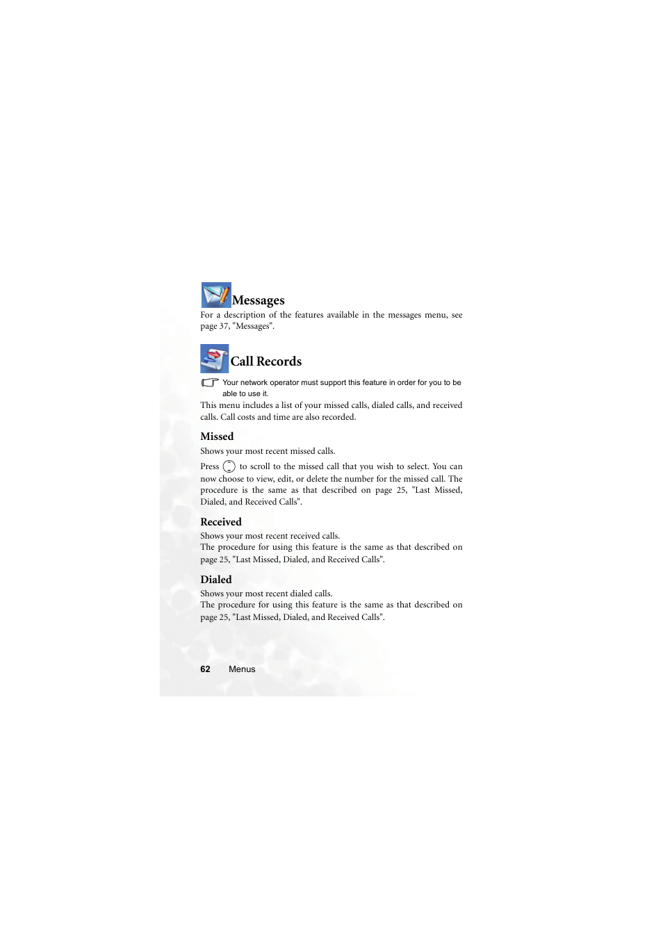 Messages, Call records, Missed | Received, Dialed, Messages call records, Missed received dialed | BenQ M315 User Manual | Page 74 / 110