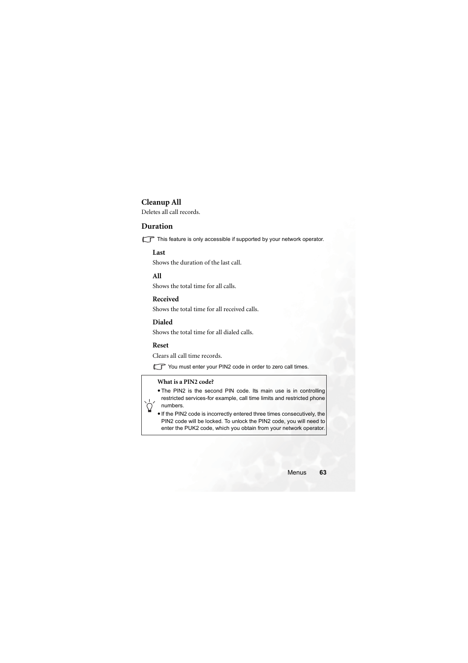 Cleanup all, Duration, Cleanup all duration | BenQ M315 User Manual | Page 75 / 110