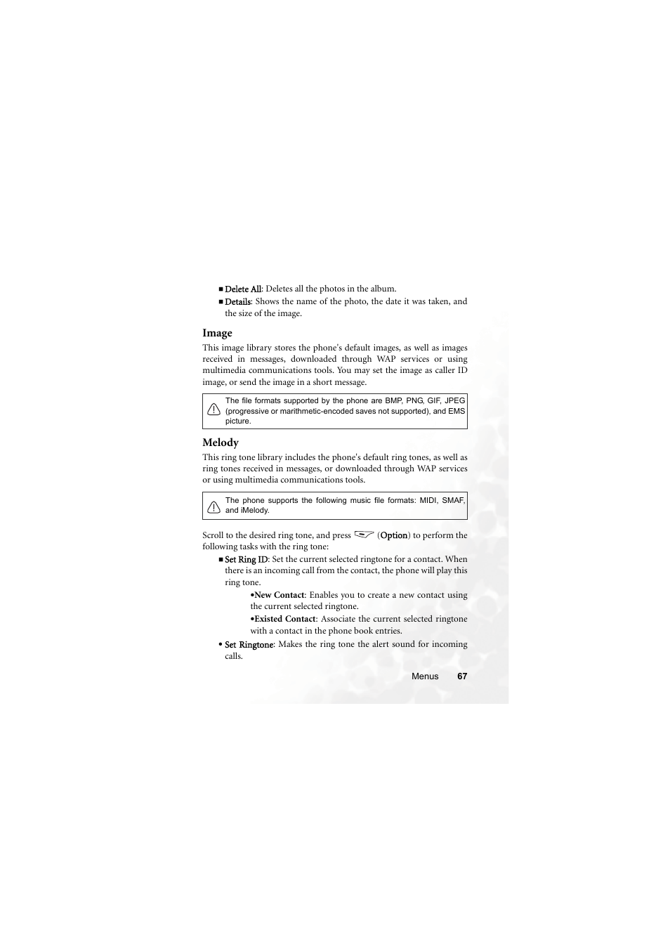 Image, Melody, Image melody | BenQ M315 User Manual | Page 79 / 110
