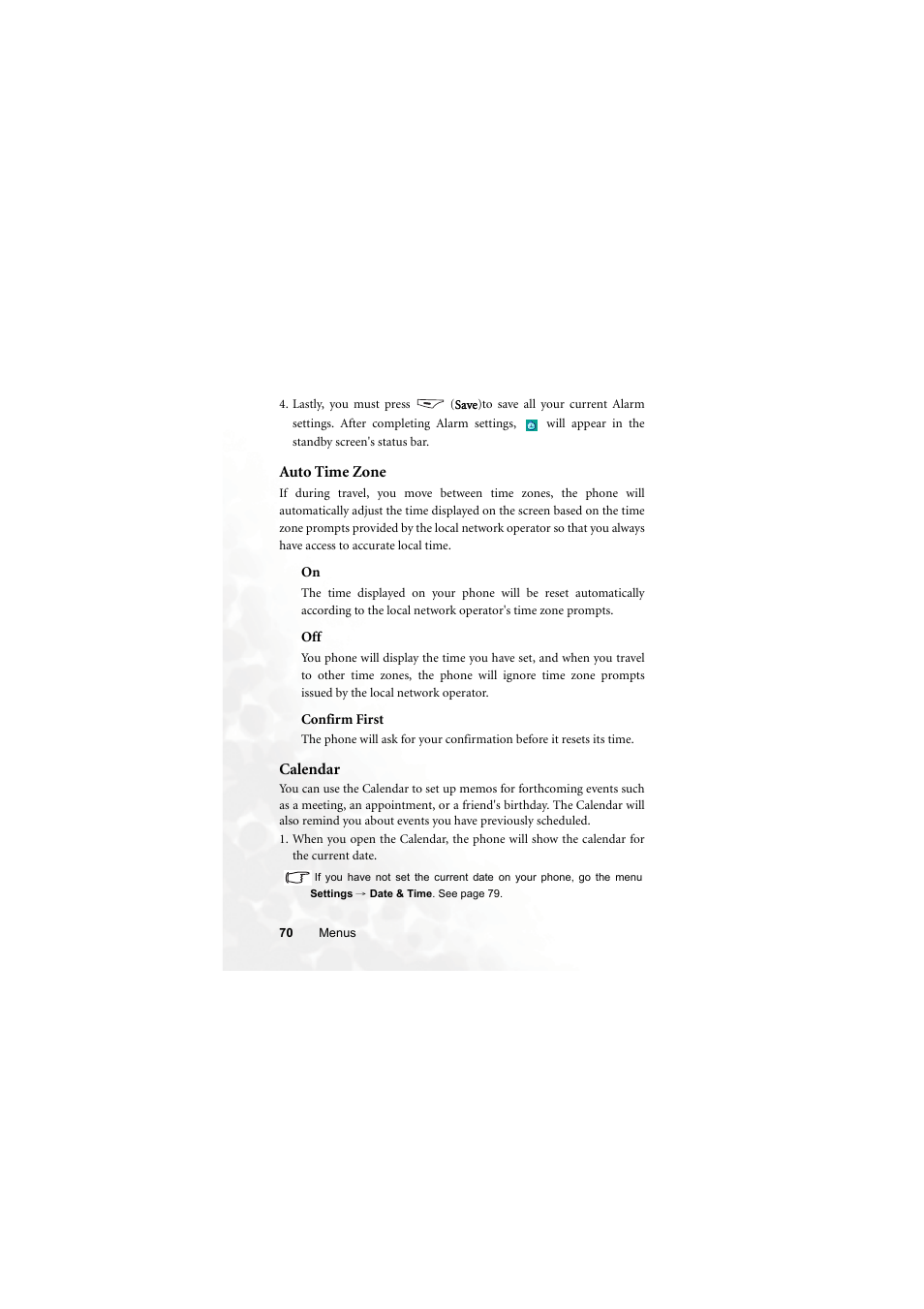 Auto time zone, Calendar, Auto time zone calendar | BenQ M315 User Manual | Page 82 / 110