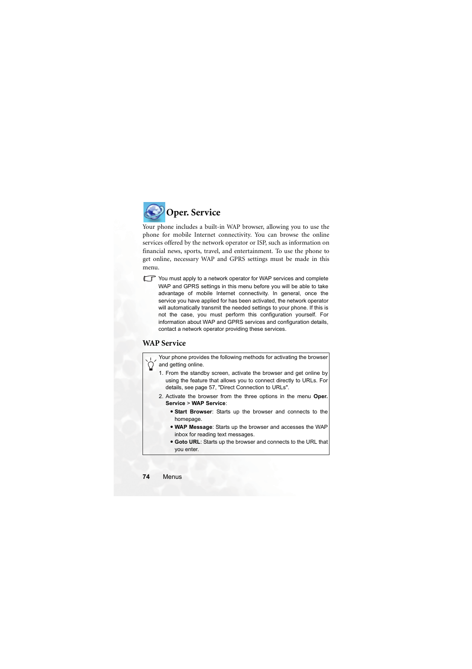 Oper. service, Wap service | BenQ M315 User Manual | Page 86 / 110