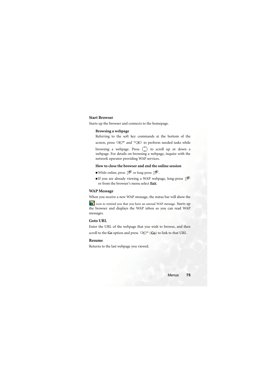 Start browser, Wap message, Goto url | Resume | BenQ M315 User Manual | Page 87 / 110