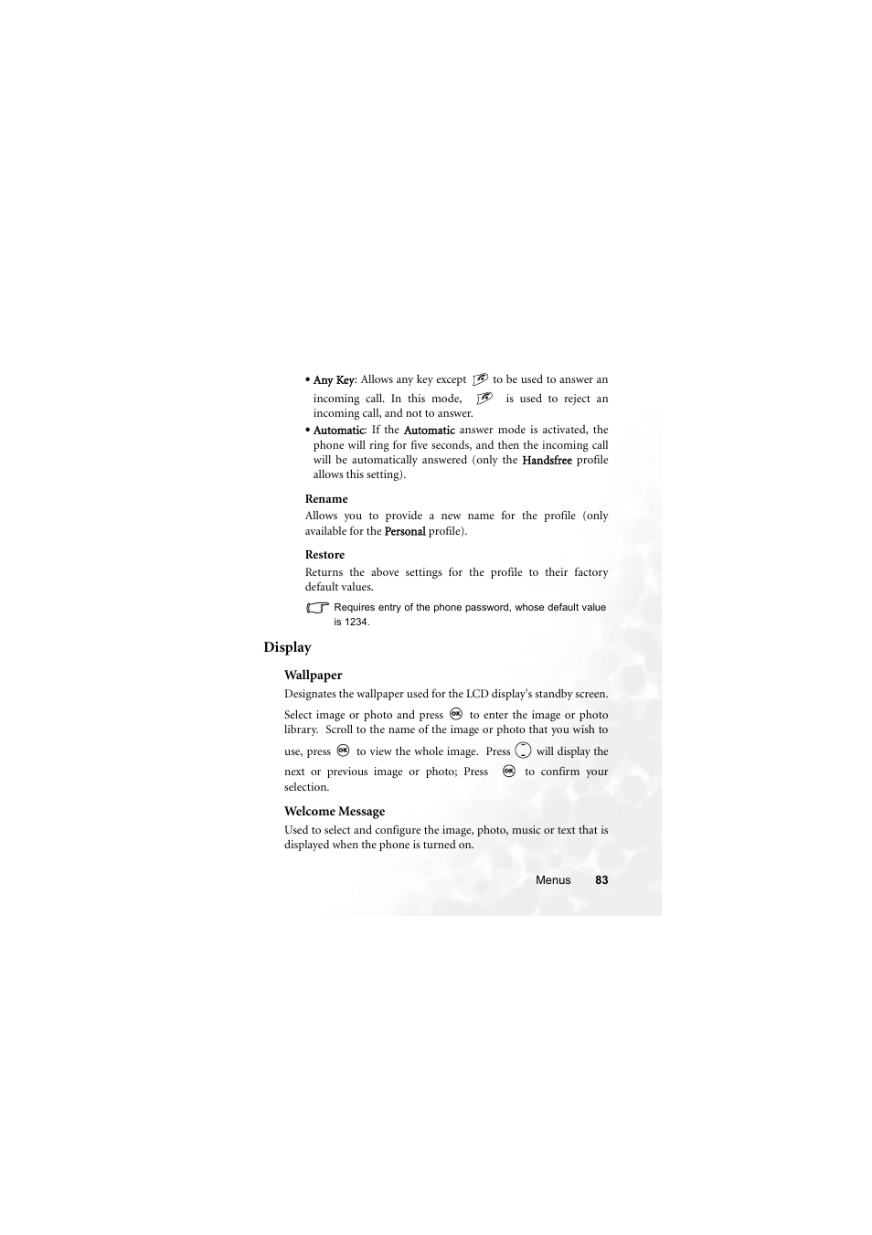 Display, Wallpaper, Welcome message | BenQ M315 User Manual | Page 95 / 110