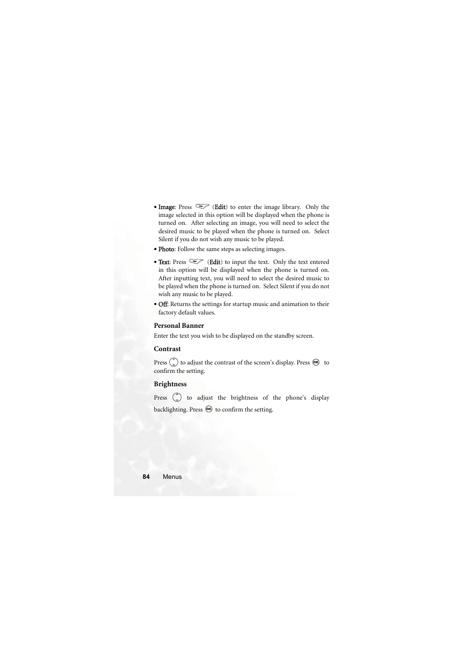 Personal banner, Contrast, Brightness | BenQ M315 User Manual | Page 96 / 110