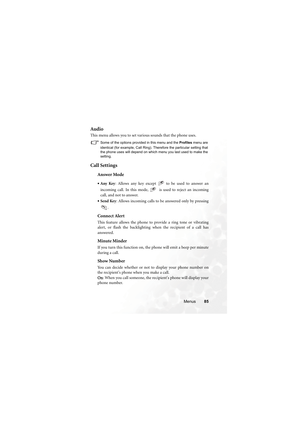 Audio, Call settings, Answer mode | Connect alert, Minute minder, Show number, Audio call settings | BenQ M315 User Manual | Page 97 / 110
