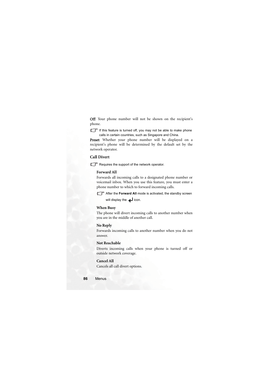 Call divert | BenQ M315 User Manual | Page 98 / 110