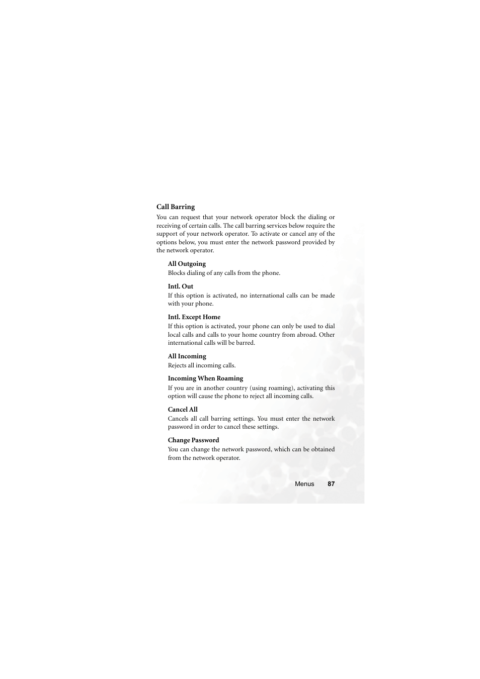 Call barring | BenQ M315 User Manual | Page 99 / 110